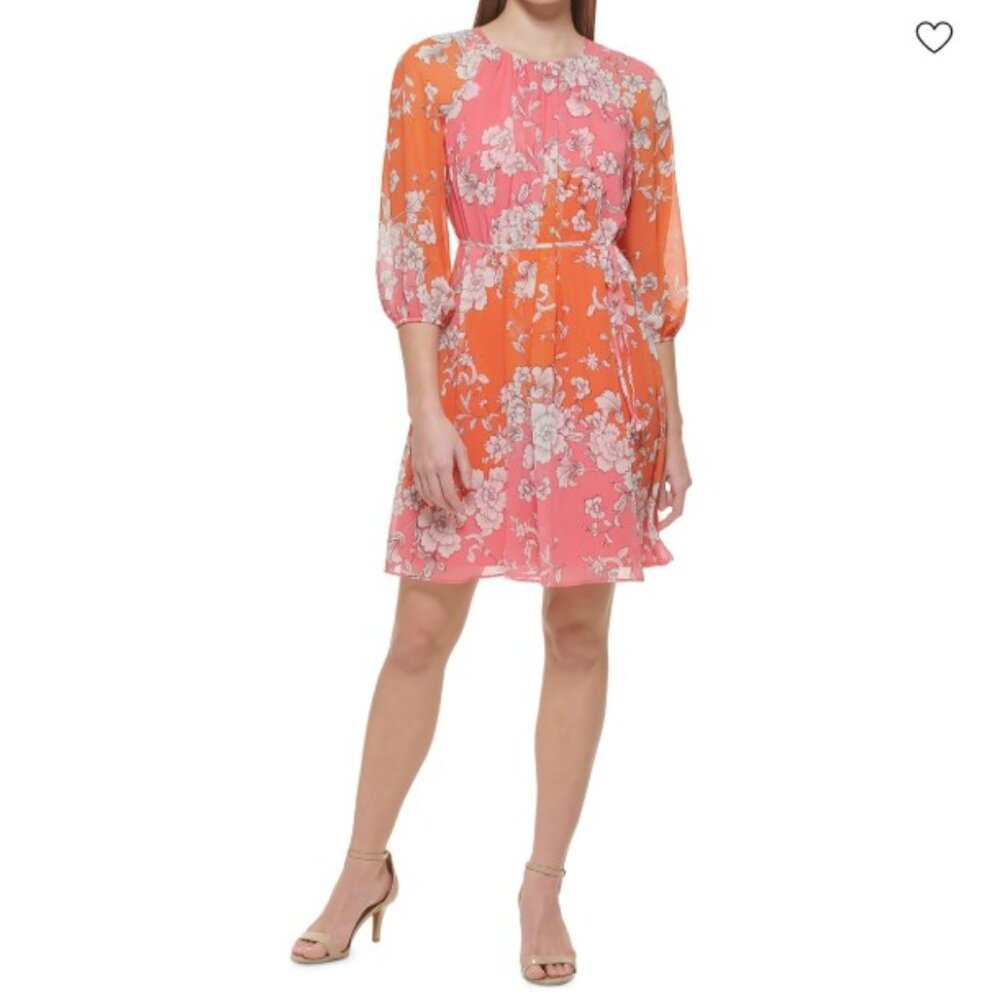 Vince Camuto Chiffon Floral Pink and Orange Dress Sz 6